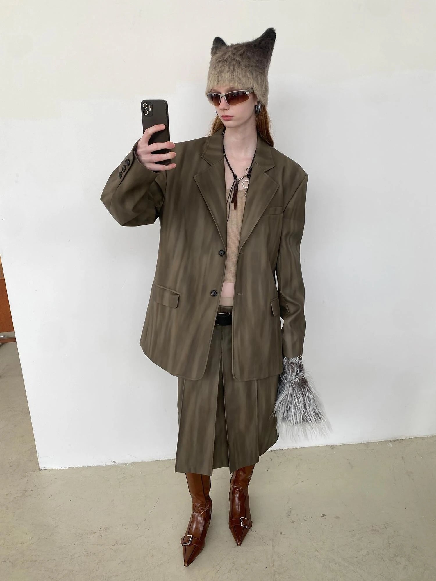 Distressed Brown Green Ombre Leather Blazer And PU Skirt Set