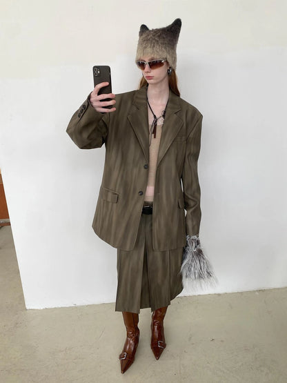 Distressed Brown Green Ombre Leather Blazer And PU Skirt Set