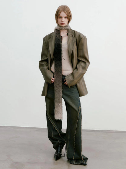 Distressed Brown Green Ombre Leather Blazer And PU Skirt Set