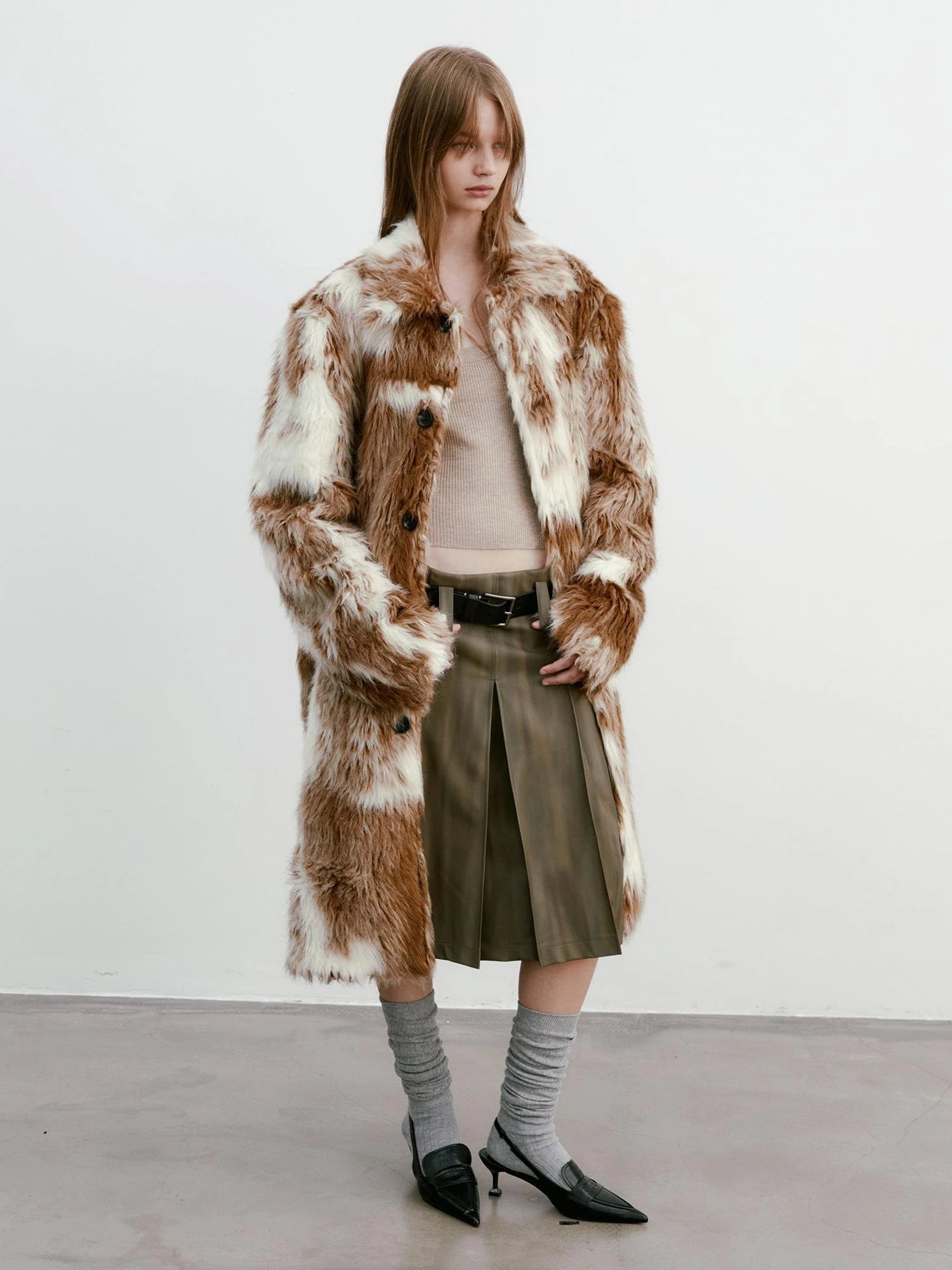 Distressed Brown Green Ombre Leather Blazer And PU Skirt Set