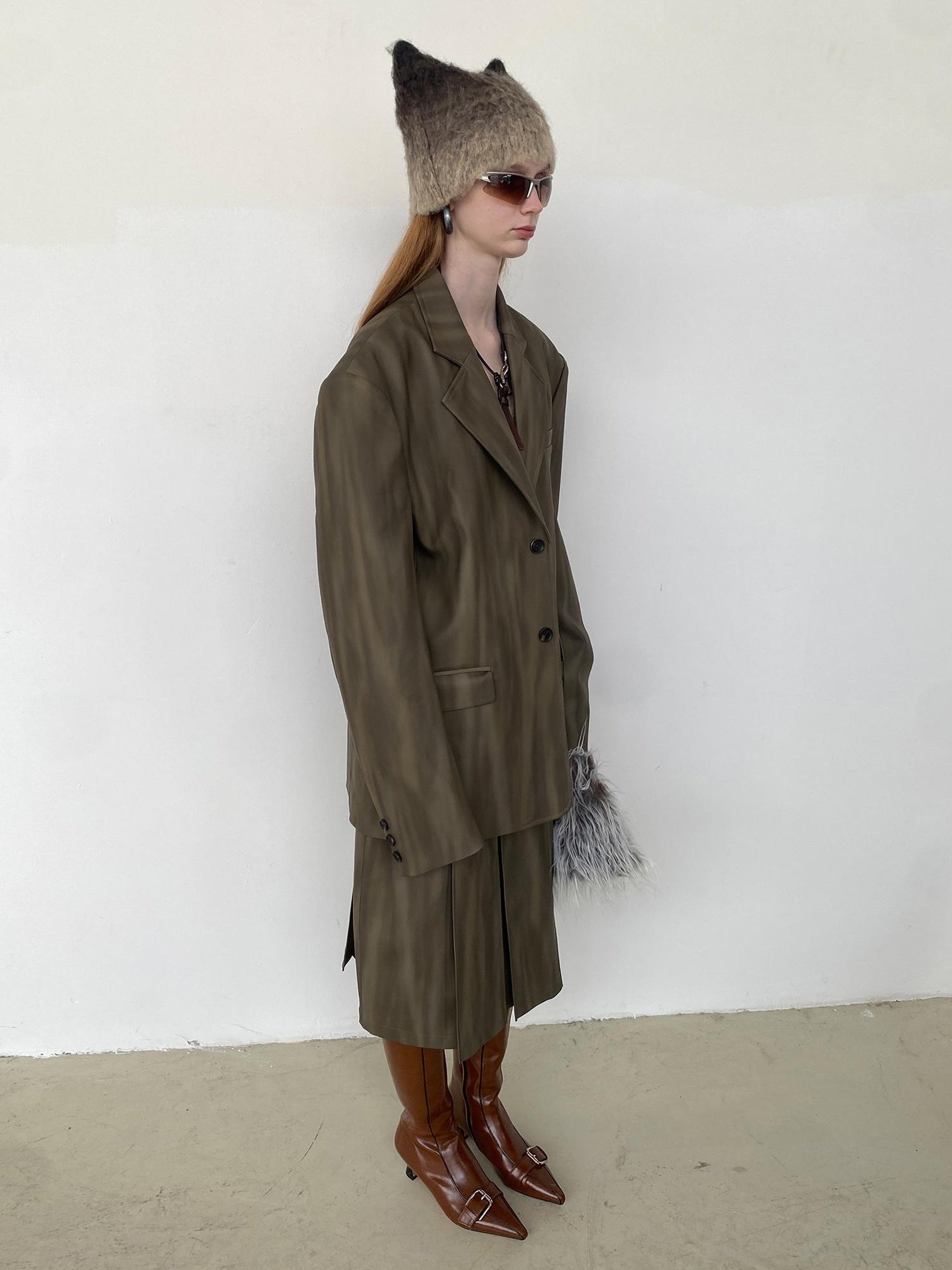 Delivery Distressed Brown Green Ombre Leather Blazer And PU Skirt Set