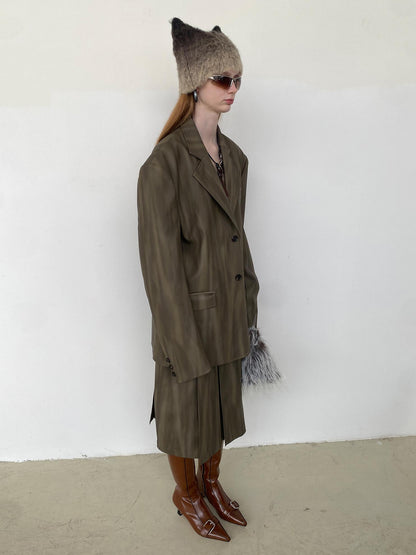 Delivery Distressed Brown Green Ombre Leather Blazer And PU Skirt Set