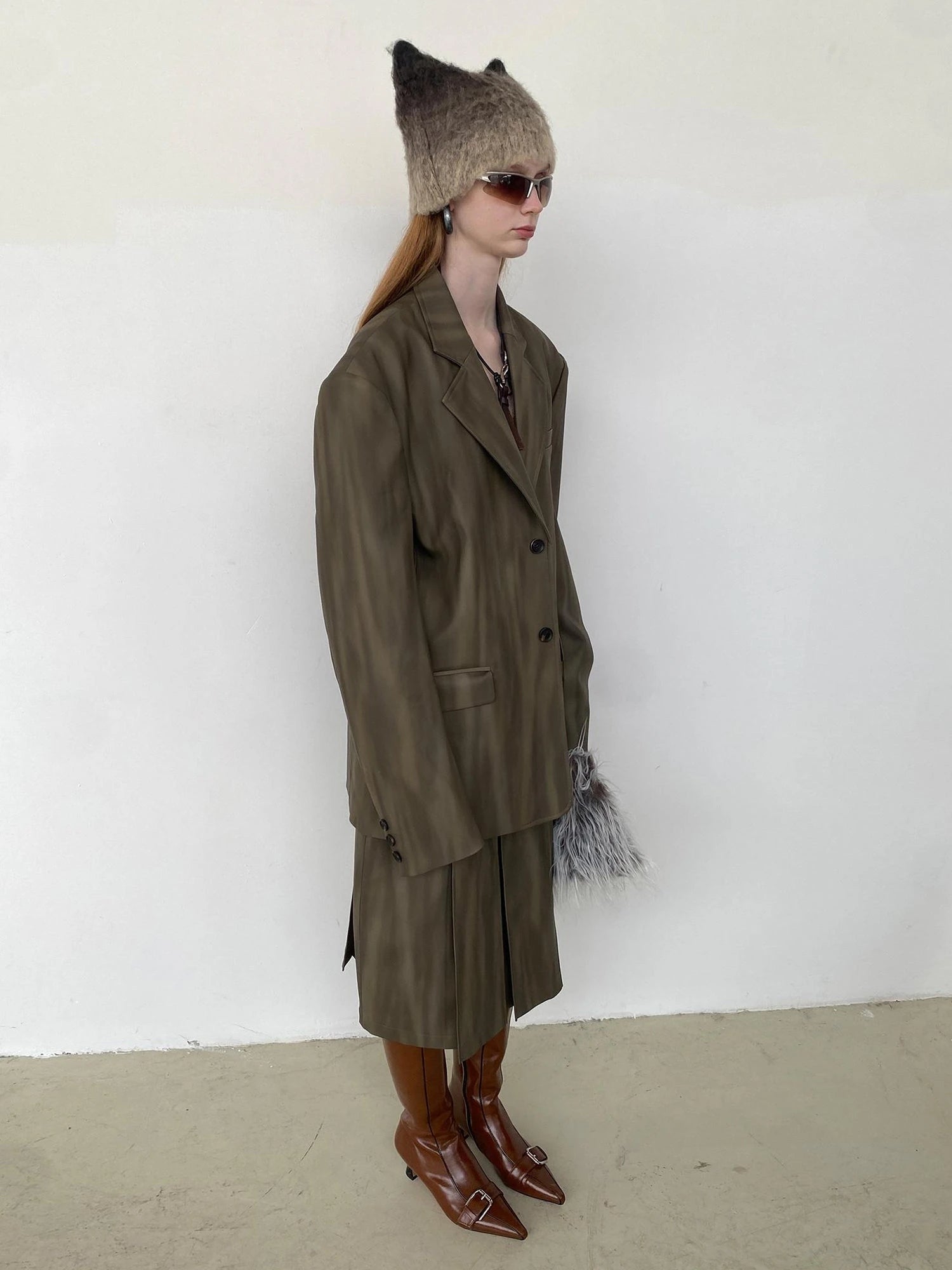 Distressed Brown Green Ombre Leather Blazer And PU Skirt Set