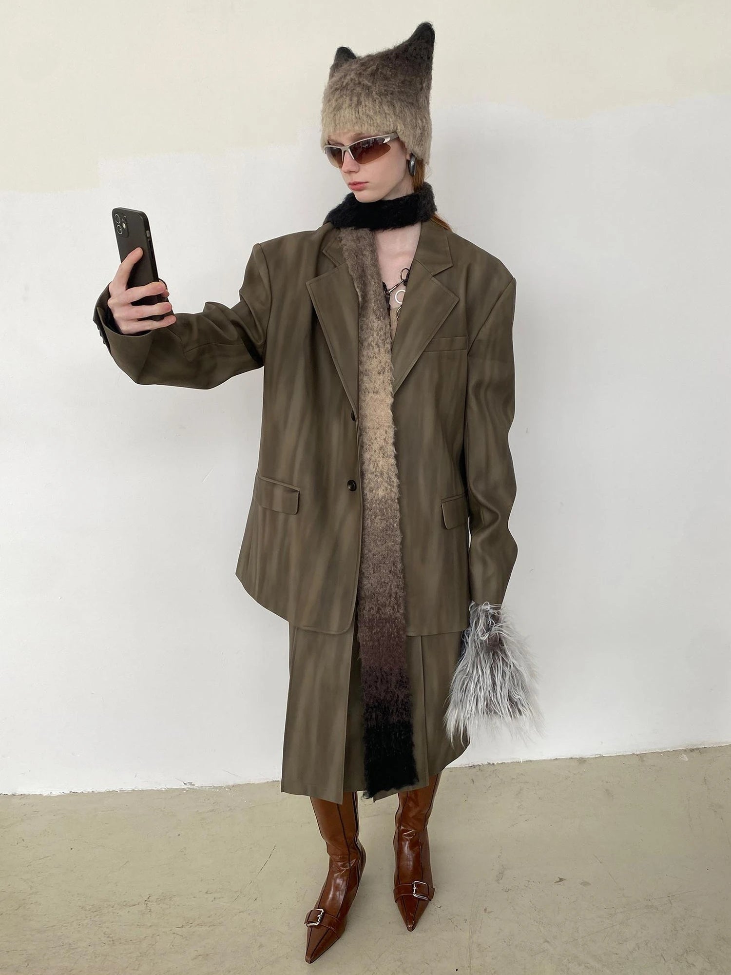 Distressed Brown Green Ombre Leather Blazer And PU Skirt Set