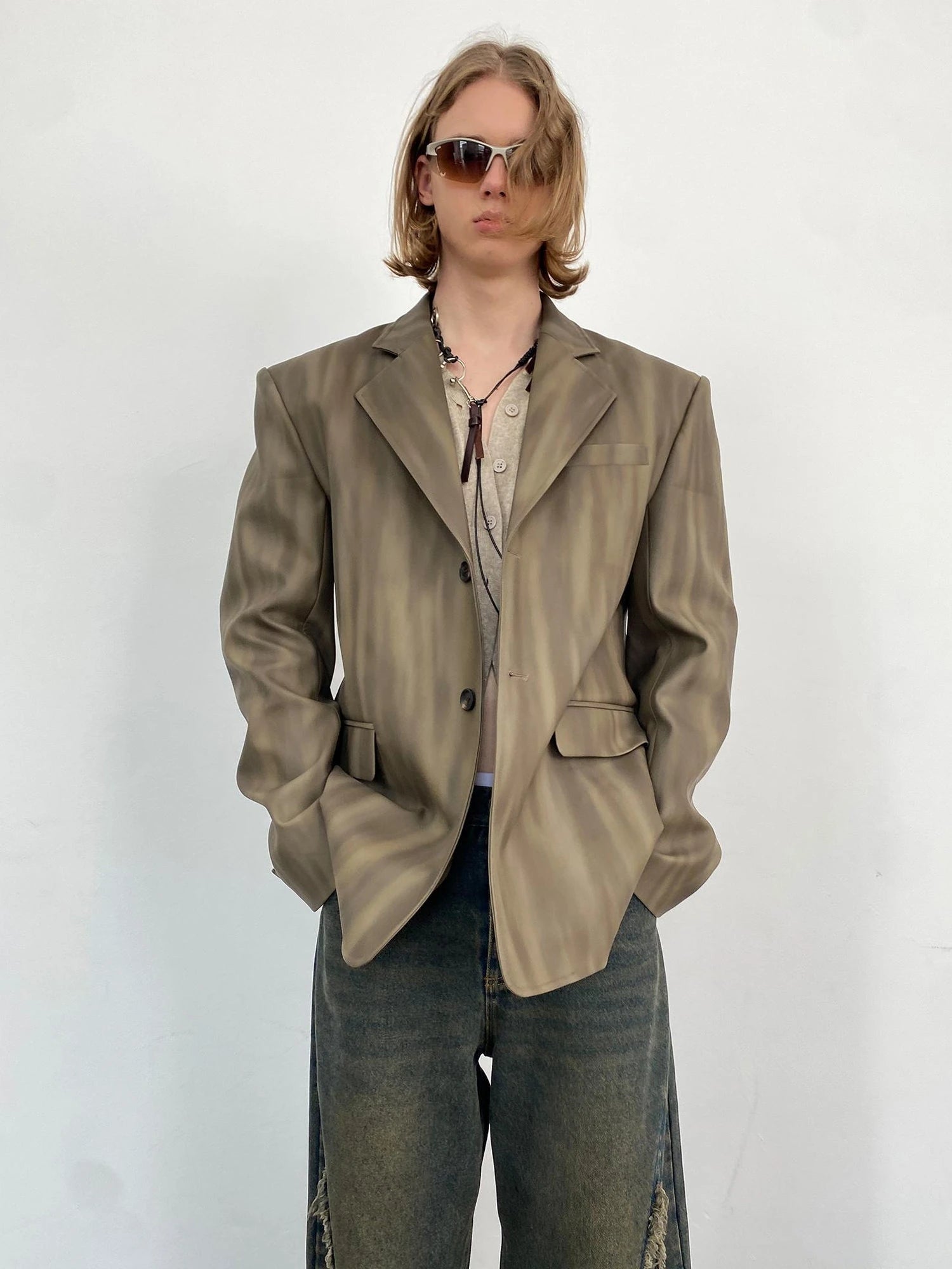 Distressed Brown Green Ombre Leather Blazer And PU Skirt Set