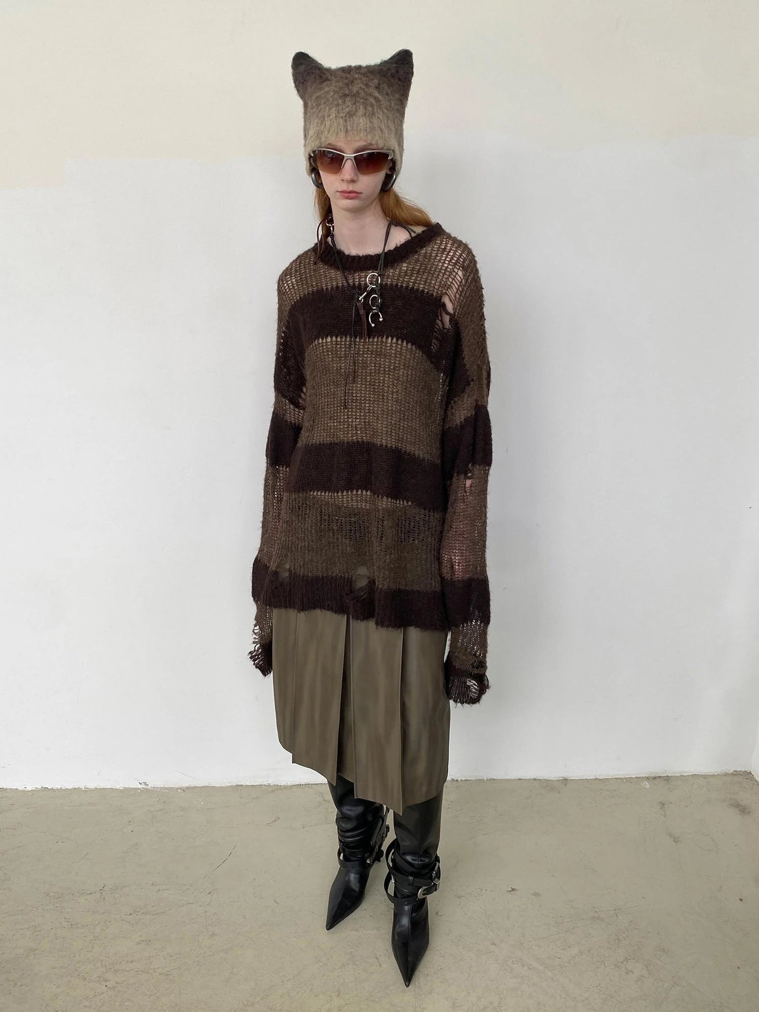 Distressed Brown Green Ombre Leather Blazer And PU Skirt Set