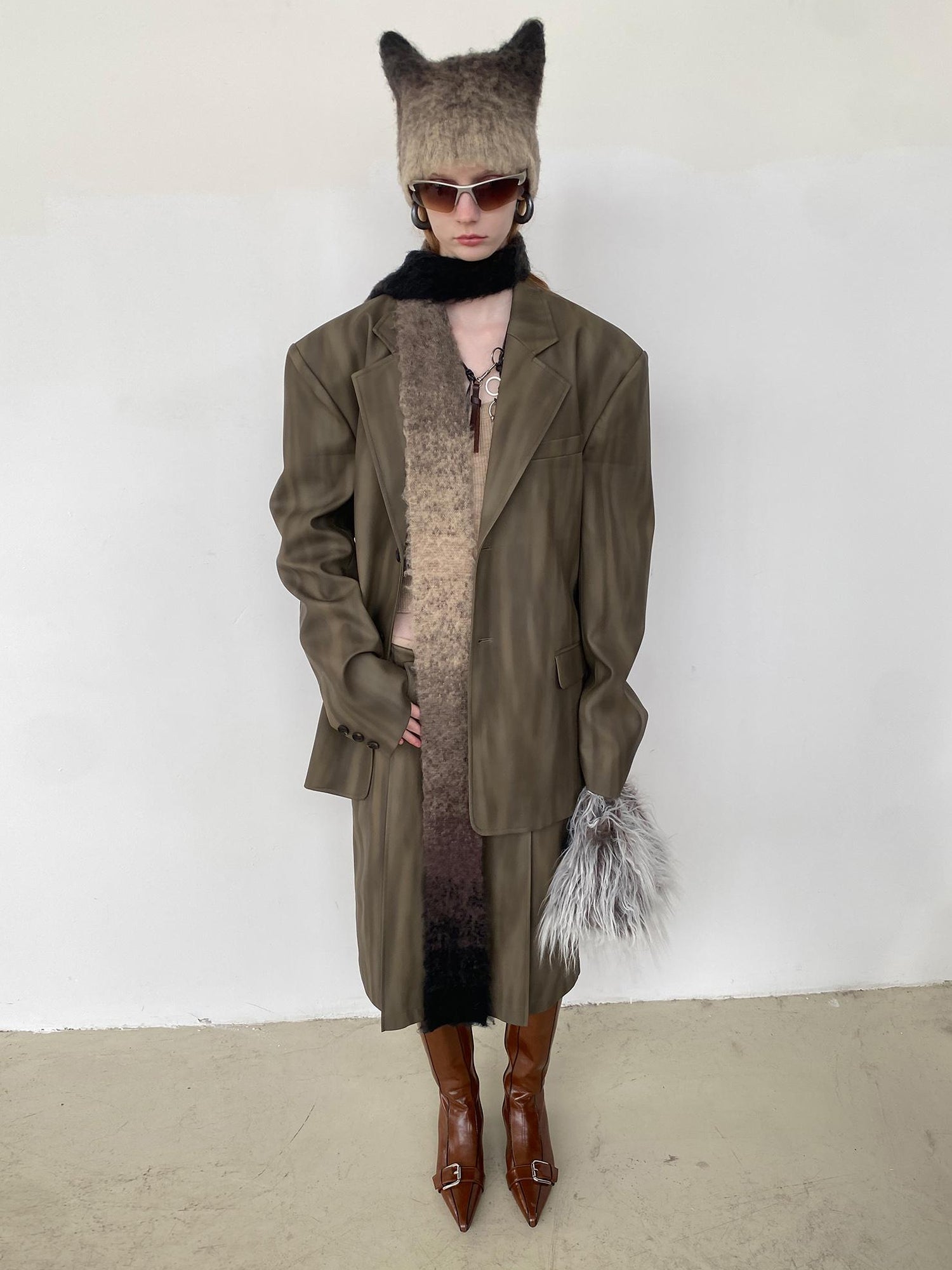 Delivery Distressed Brown Green Ombre Leather Blazer And PU Skirt Set