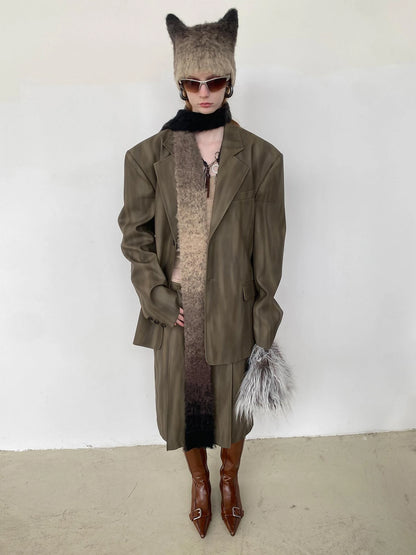 Distressed Brown Green Ombre Leather Blazer And PU Skirt Set