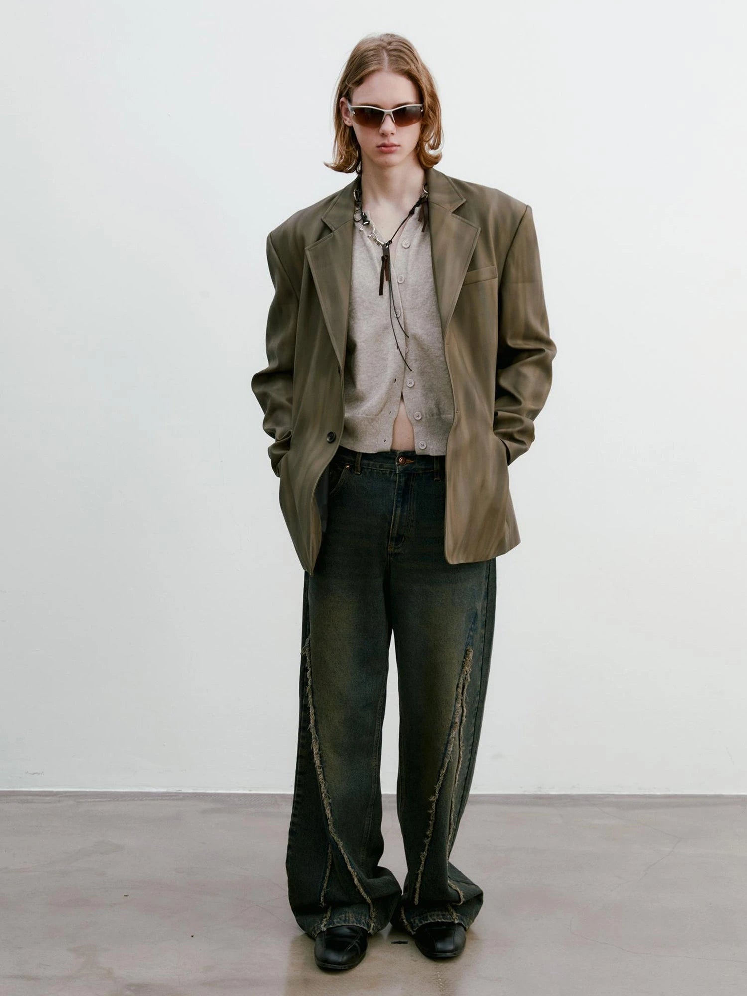 Distressed Brown Green Ombre Leather Blazer And PU Skirt Set