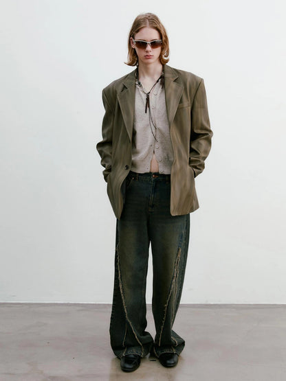 Distressed Brown Green Ombre Leather Blazer And PU Skirt Set