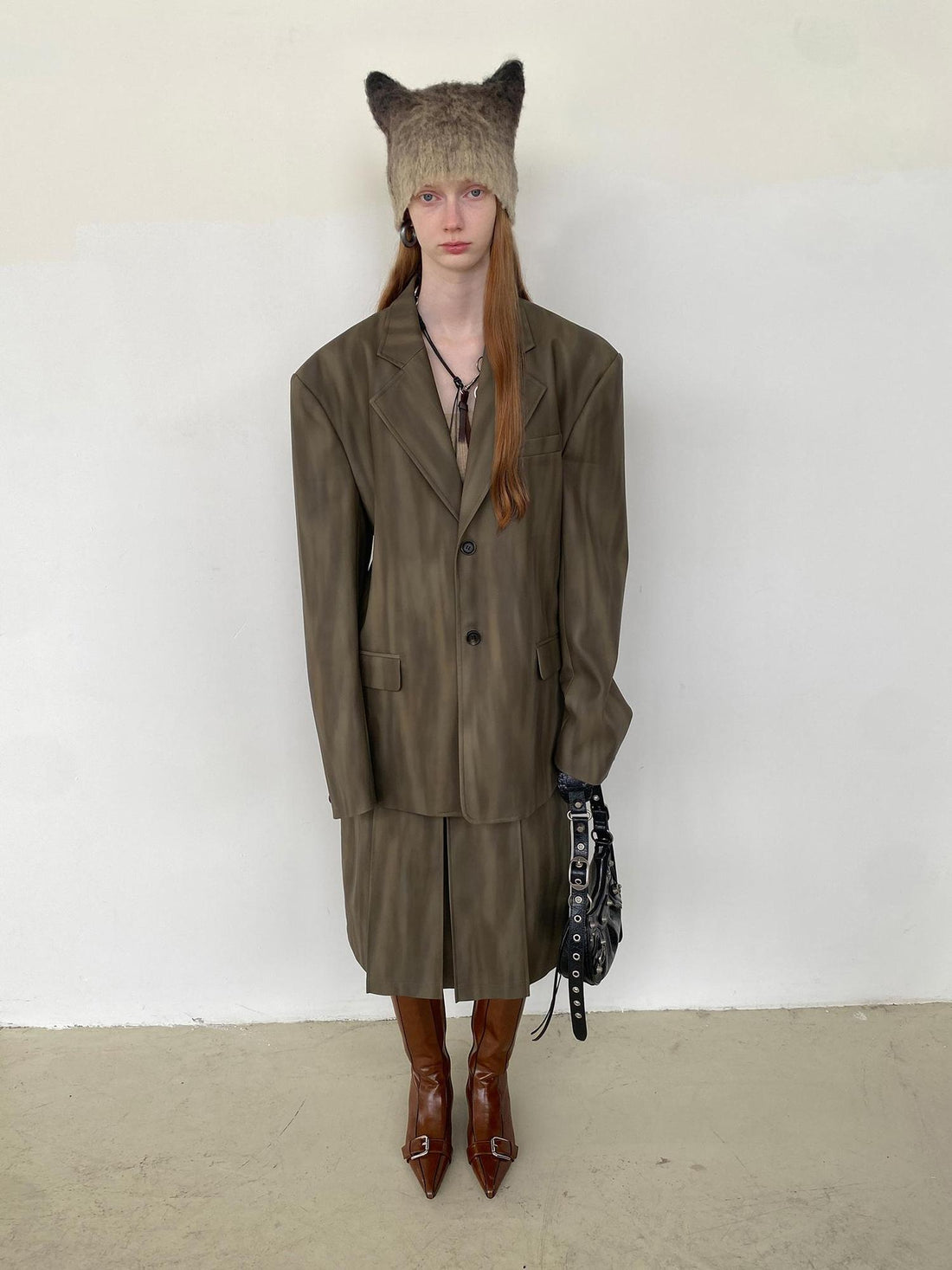 Delivery Distressed Brown Green Ombre Leather Blazer And PU Skirt Set