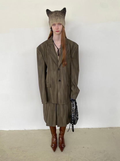Delivery Distressed Brown Green Ombre Leather Blazer And PU Skirt Set