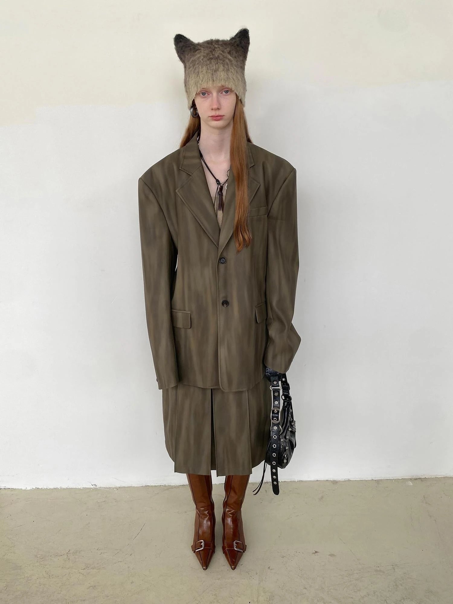 Distressed Brown Green Ombre Leather Blazer And PU Skirt Set