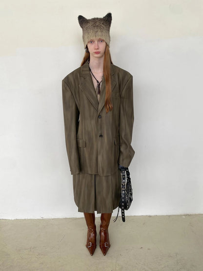 Distressed Brown Green Ombre Leather Blazer And PU Skirt Set