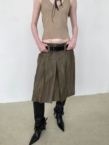 Distressed Brown Green Ombre Leather Blazer And PU Skirt Set