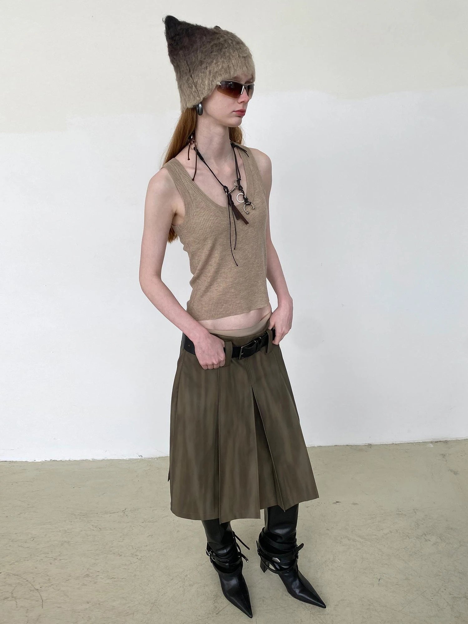 Distressed Brown Green Ombre Leather Blazer And PU Skirt Set