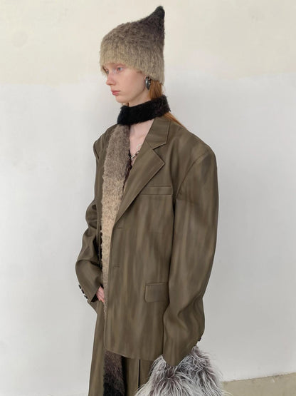 Distressed Brown Green Ombre Leather Blazer And PU Skirt Set