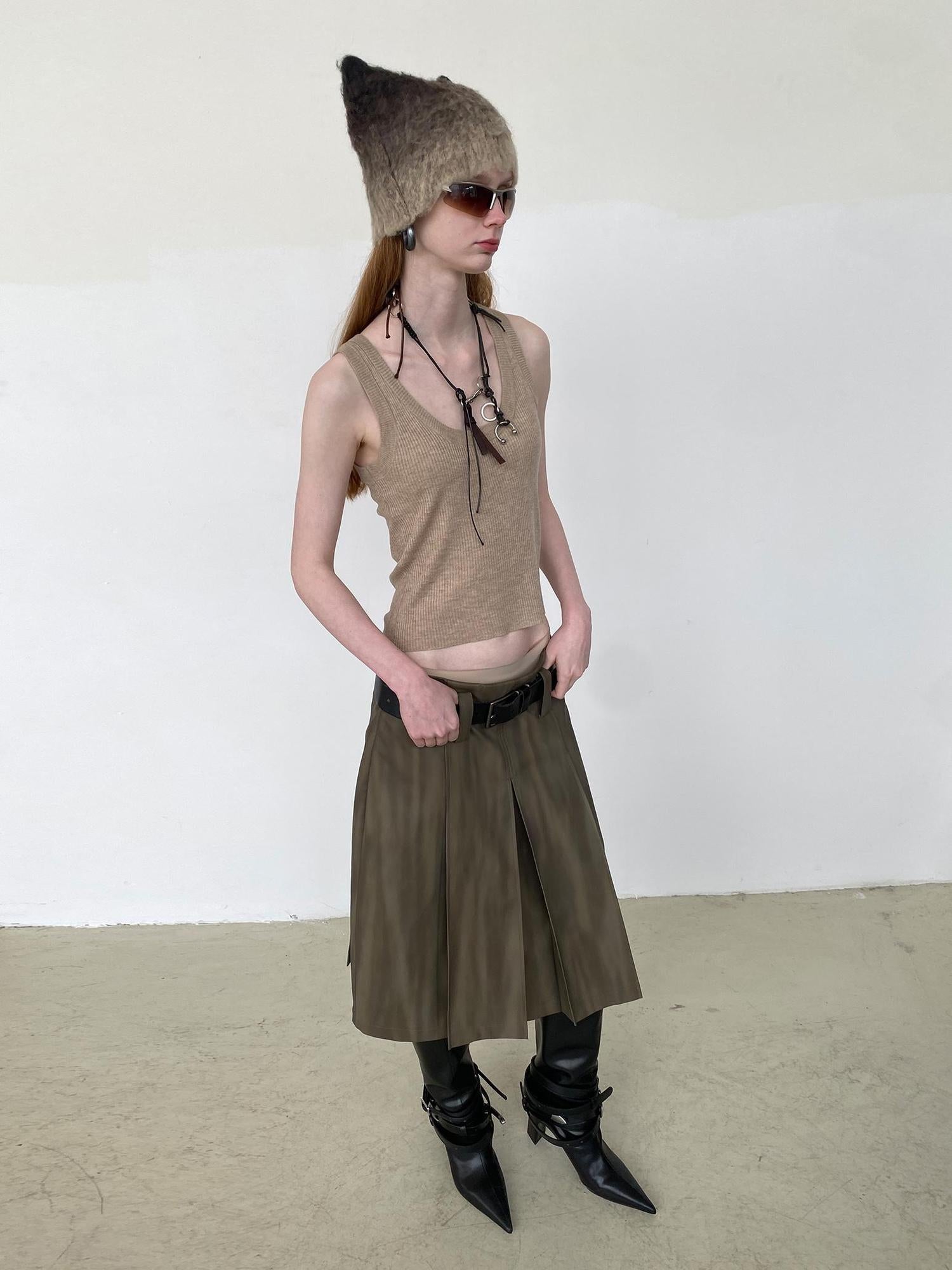 Delivery Distressed Brown Green Ombre Leather Blazer And PU Skirt Set