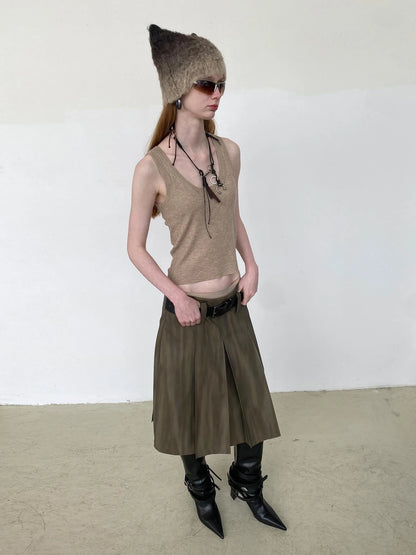 Distressed Brown Green Ombre Leather Blazer And PU Skirt Set