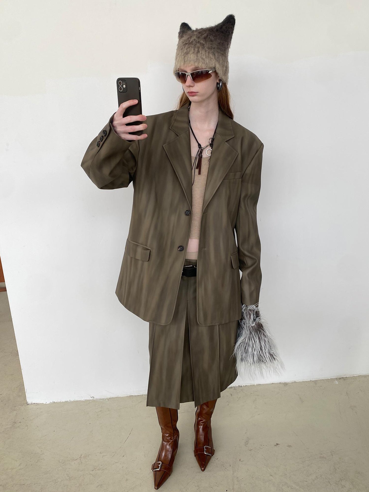 Delivery Distressed Brown Green Ombre Leather Blazer And PU Skirt Set