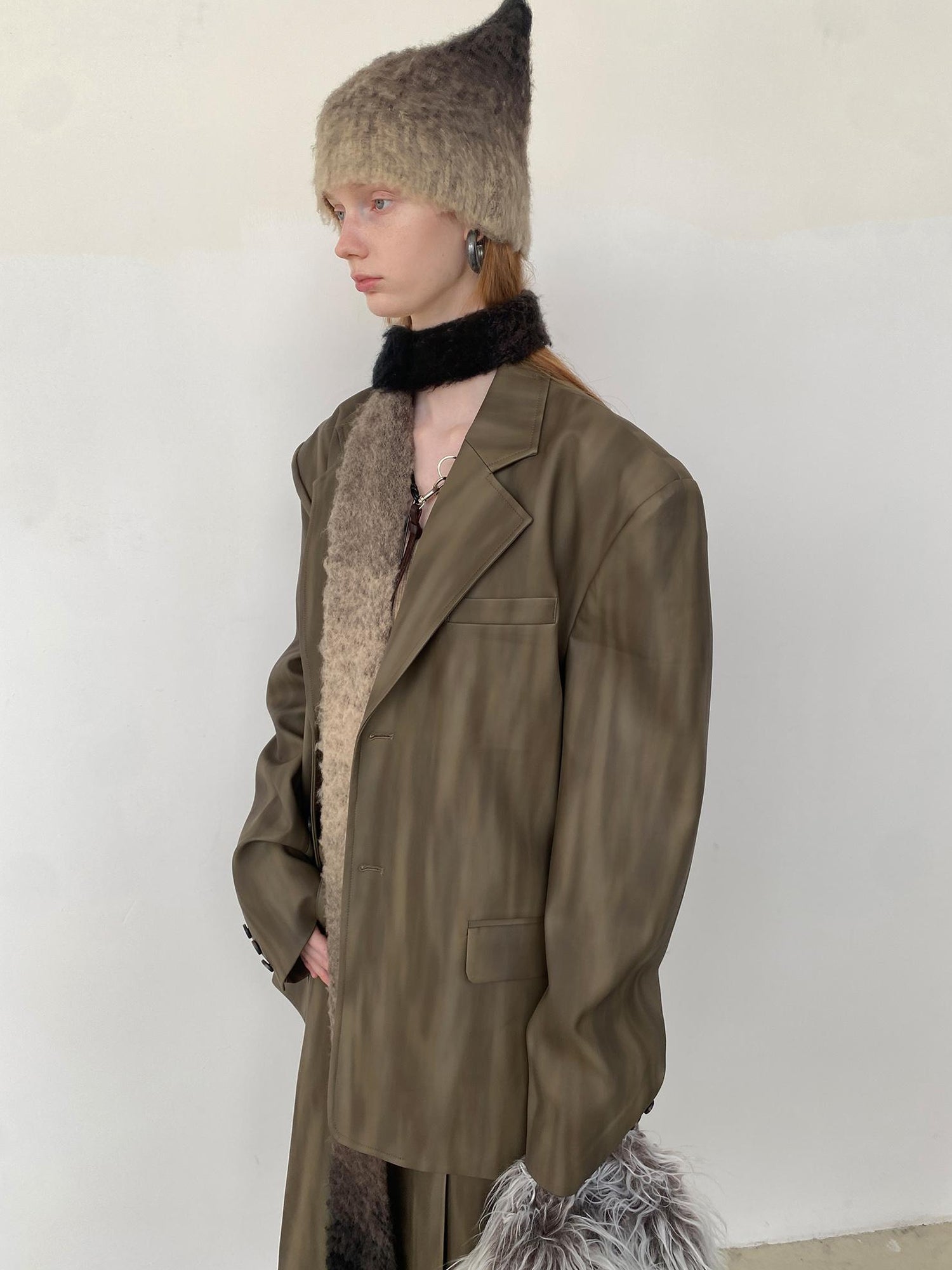 Delivery Distressed Brown Green Ombre Leather Blazer And PU Skirt Set