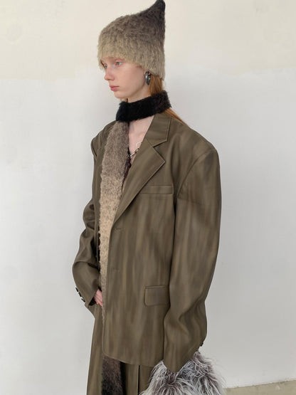 Delivery Distressed Brown Green Ombre Leather Blazer And PU Skirt Set