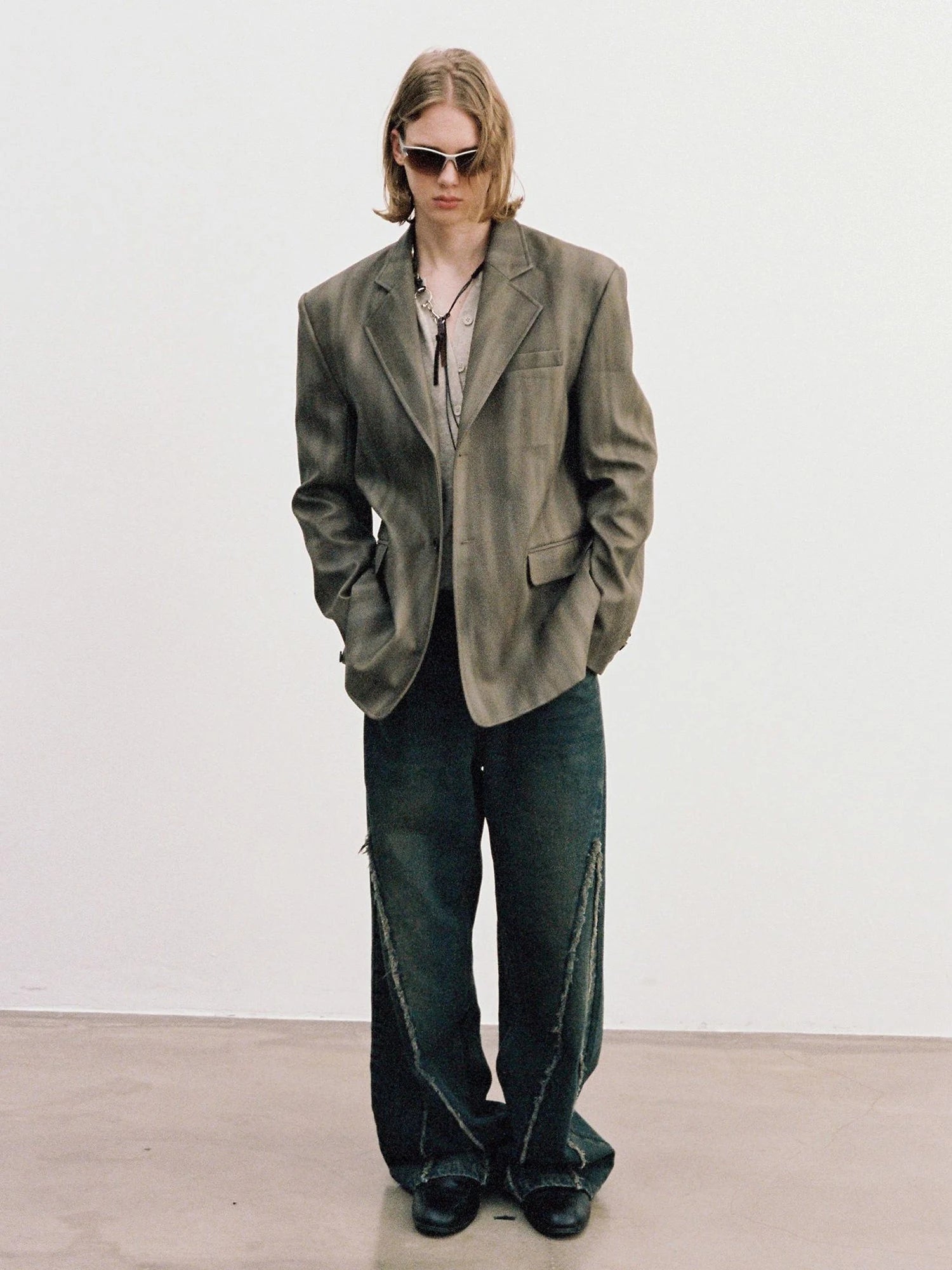 Distressed Brown Green Ombre Leather Blazer And PU Skirt Set