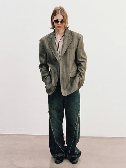 Distressed Brown Green Ombre Leather Blazer And PU Skirt Set