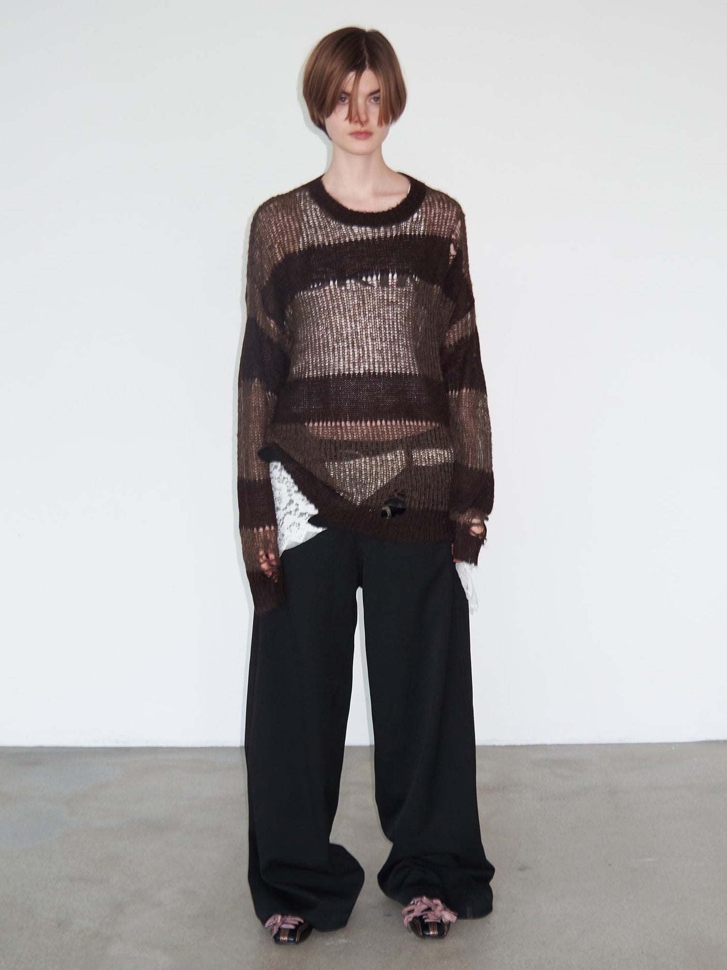 Delivery Distressed Knit Sweater With Brown Striped Texture