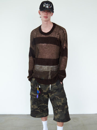 Delivery Distressed Knit Sweater With Brown Striped Texture