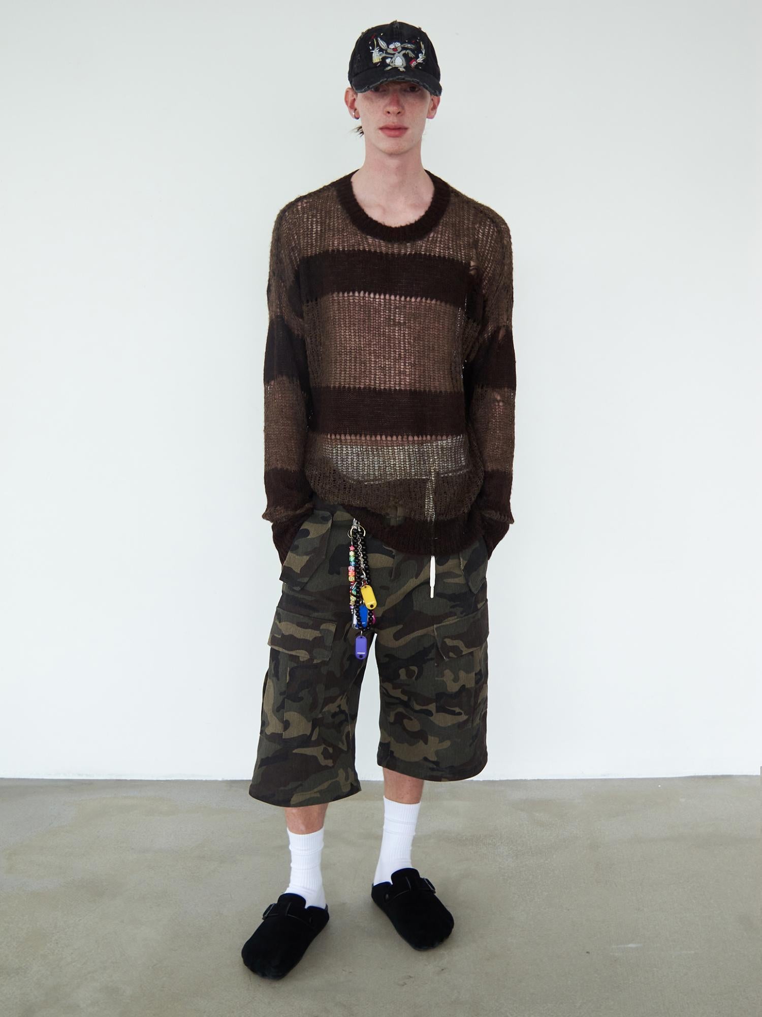 Delivery Distressed Knit Sweater With Brown Striped Texture
