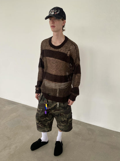 Delivery Distressed Knit Sweater With Brown Striped Texture