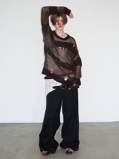 Delivery Distressed Knit Sweater With Brown Striped Texture