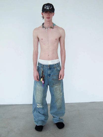 Distressed Mud Dyed Washed Blue Denim Pants With Multi Pockets