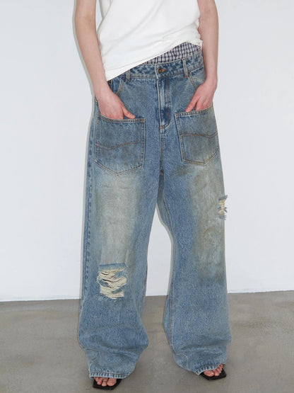 Distressed Mud Dyed Washed Blue Denim Pants With Multi Pockets