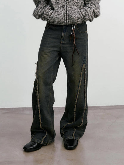Distressed Washed Blue Denim Jeans With Frayed Hem