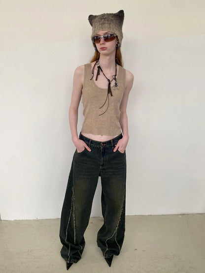 Distressed Washed Blue Denim Jeans With Frayed Hem