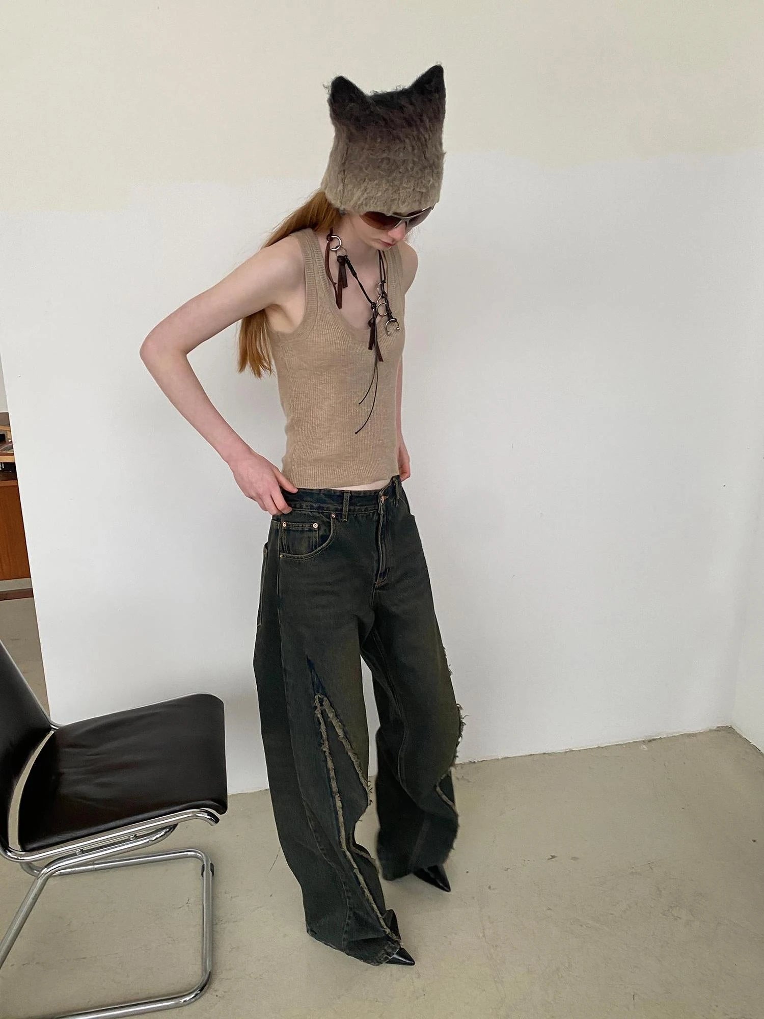 Distressed Washed Blue Denim Jeans With Frayed Hem