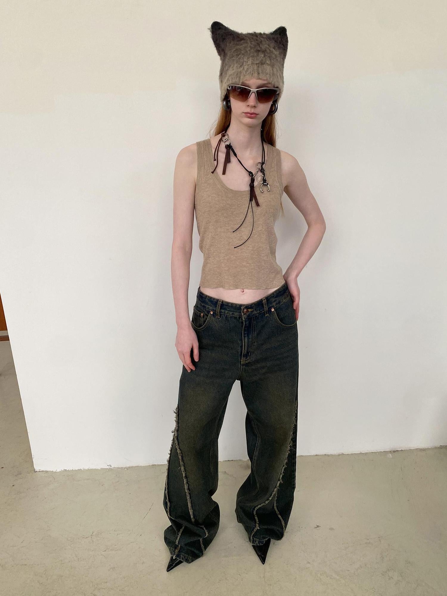 Delivery Distressed Washed Blue Denim Jeans With Frayed Hem