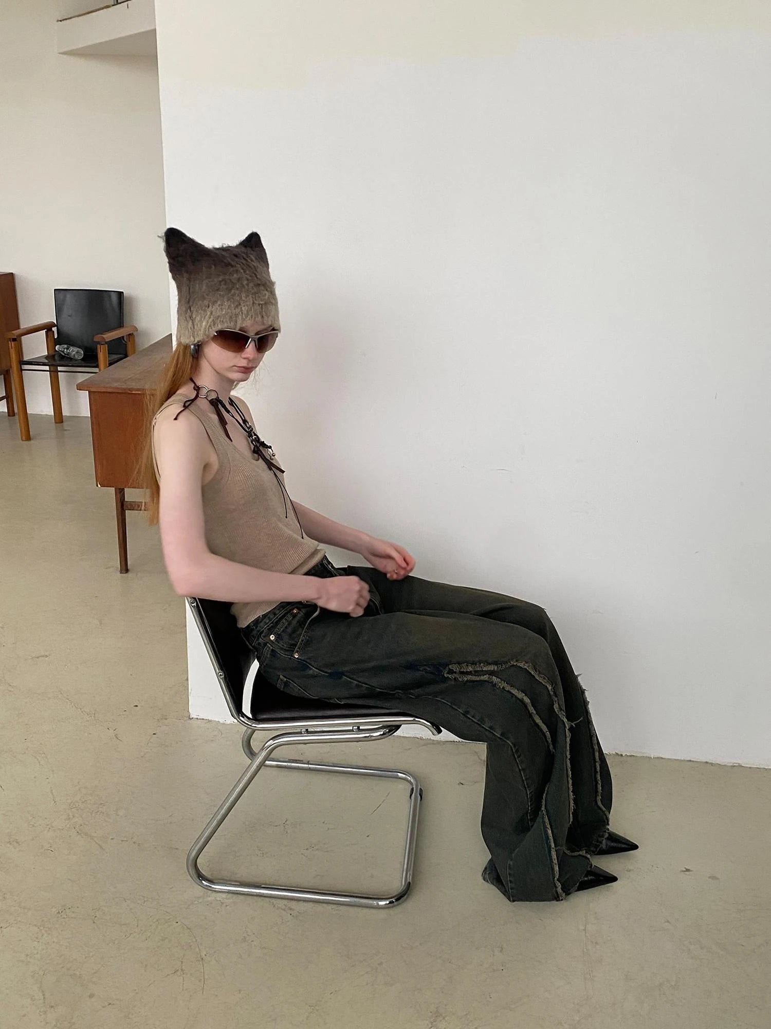 Distressed Washed Blue Denim Jeans With Frayed Hem