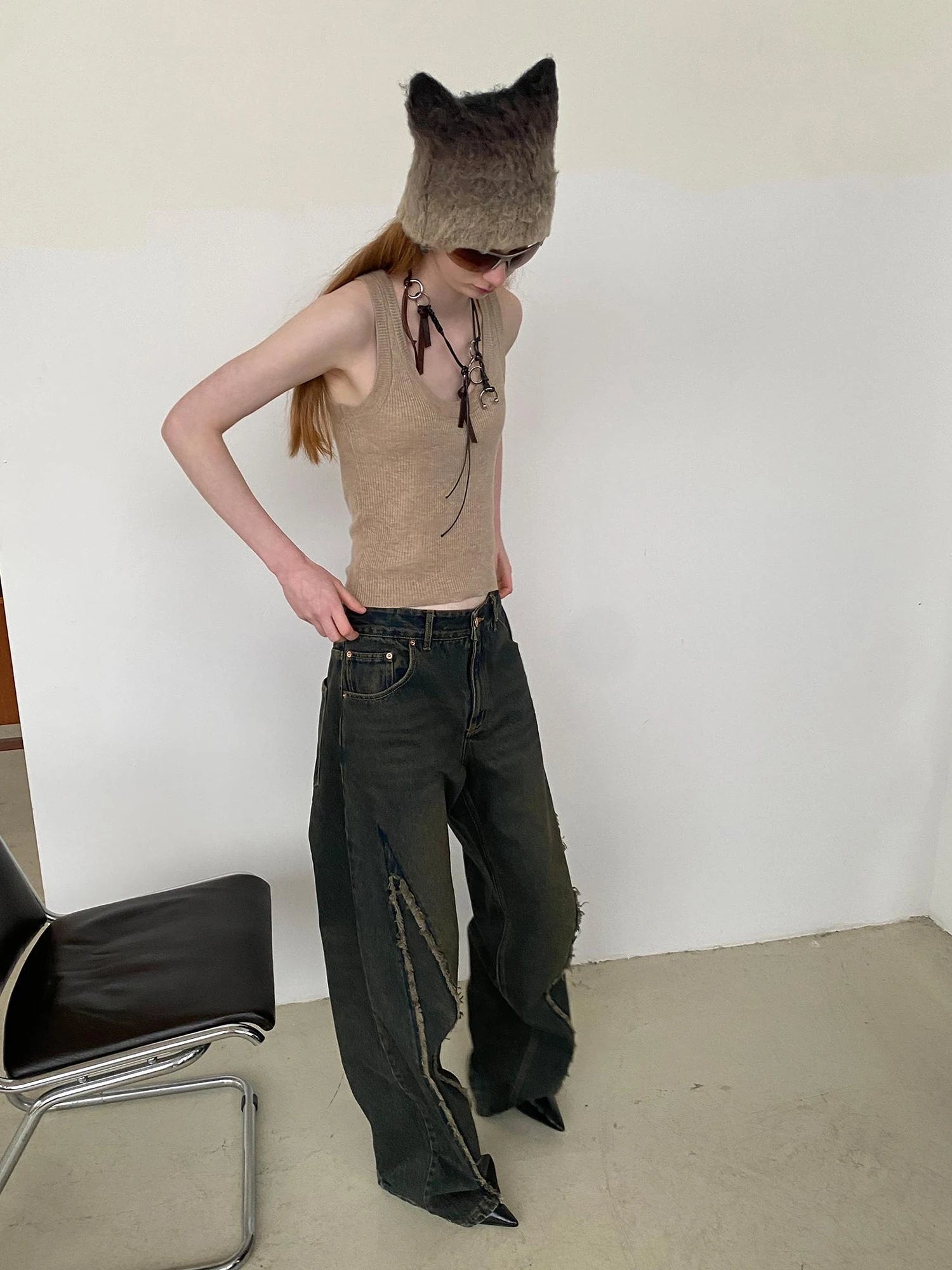 Distressed Washed Blue Denim Jeans With Frayed Hem