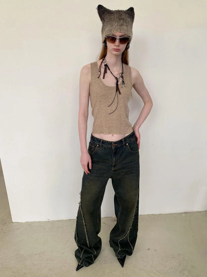 Distressed Washed Blue Denim Jeans With Frayed Hem