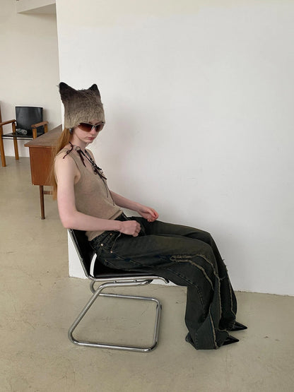 Distressed Washed Blue Denim Jeans With Frayed Hem