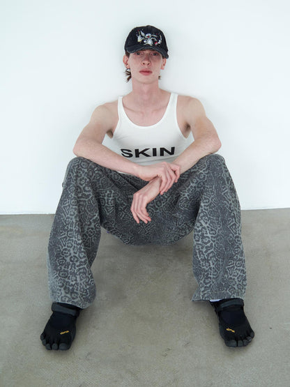 Delivery Distressed Washed Grey Leopard Print Baggy Denim Pants