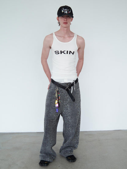 Delivery Distressed Washed Grey Leopard Print Baggy Denim Pants