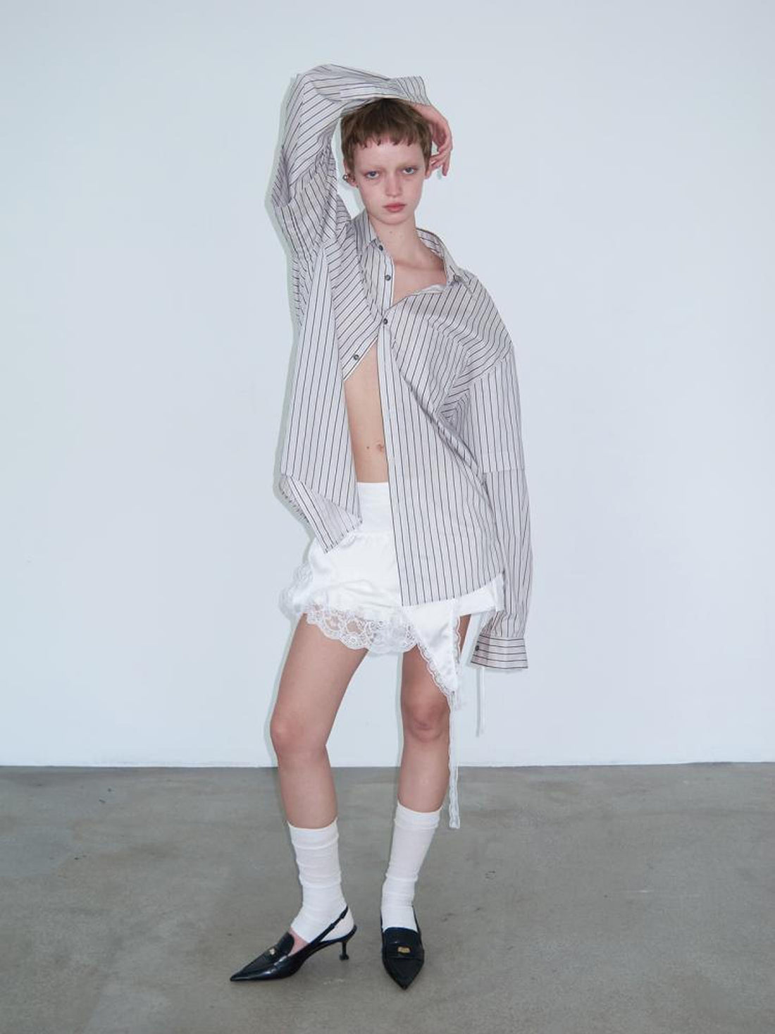 Delivery Double Layer Pleated White Satin Lace Trim Asymmetrical Slip Skirt