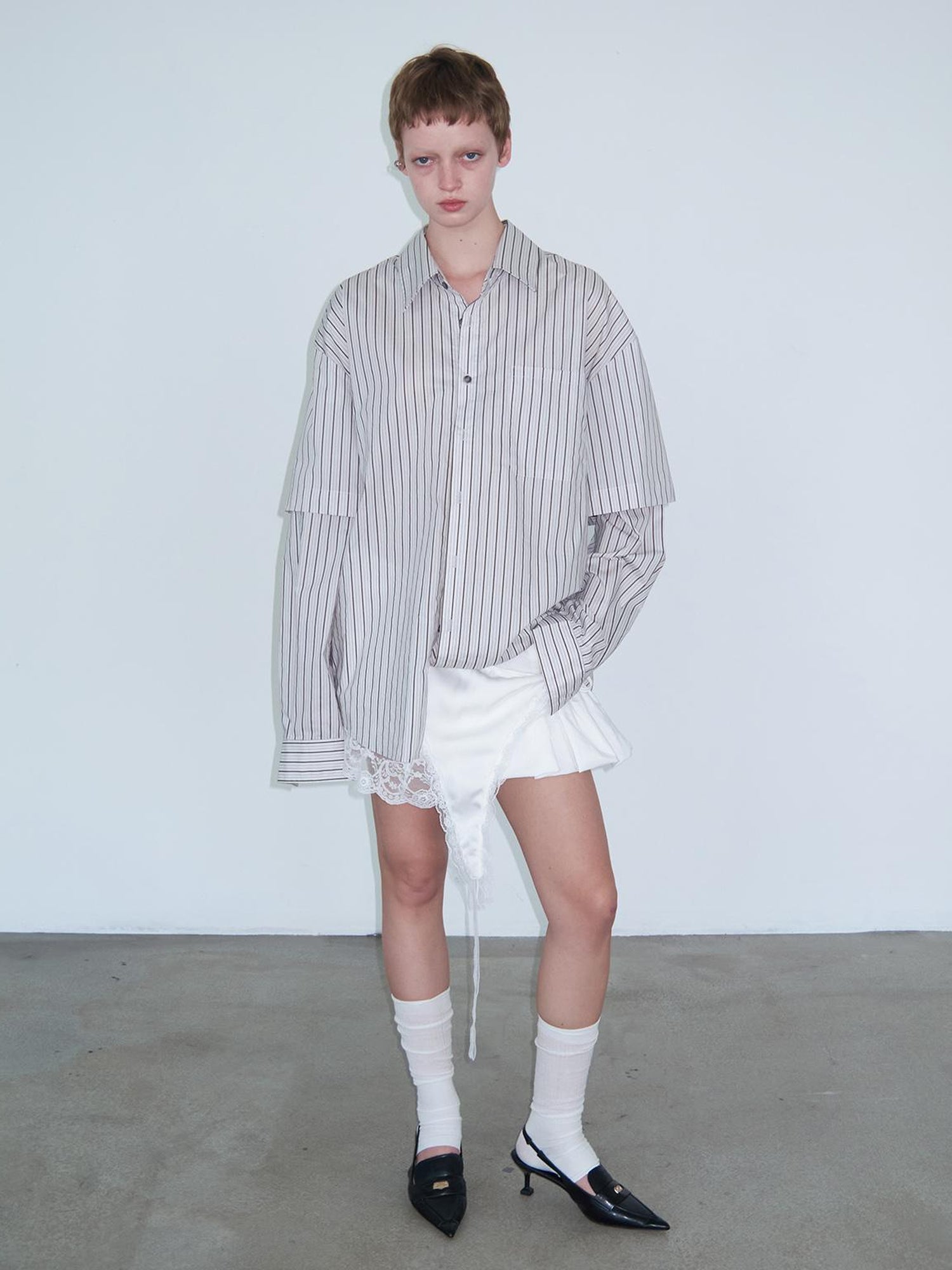 Delivery Double Sleeve Stripe Shirt Relaxed Fit Lightweight Cotton Top