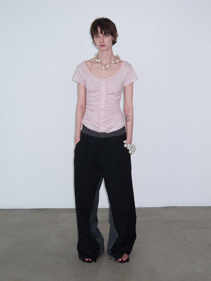 Delivery Dusty Pink Ruched Spliced Wide Neck Women&