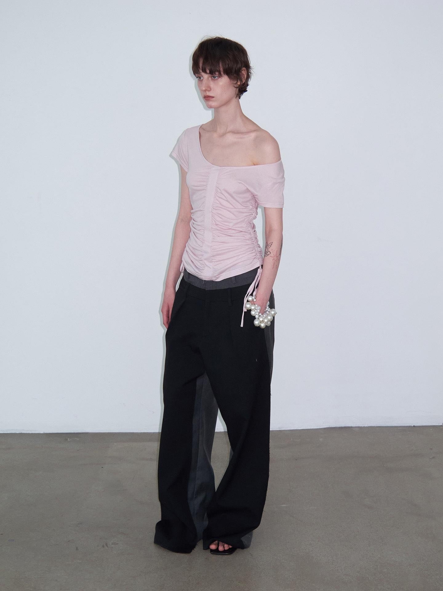 Delivery Dusty Pink Ruched Spliced Wide Neck Women&