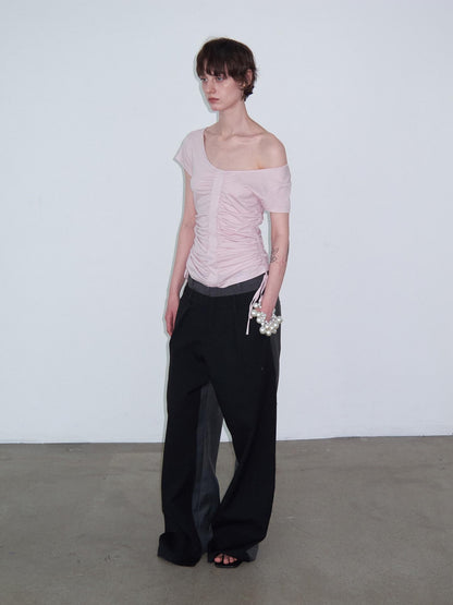 Delivery Dusty Pink Ruched Spliced Wide Neck Women&